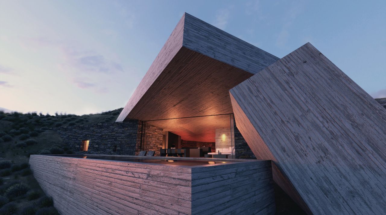 Rendering of Modern Caves at twilight: concrete overhang and a tilted slab framing a glowing living space beside the pool