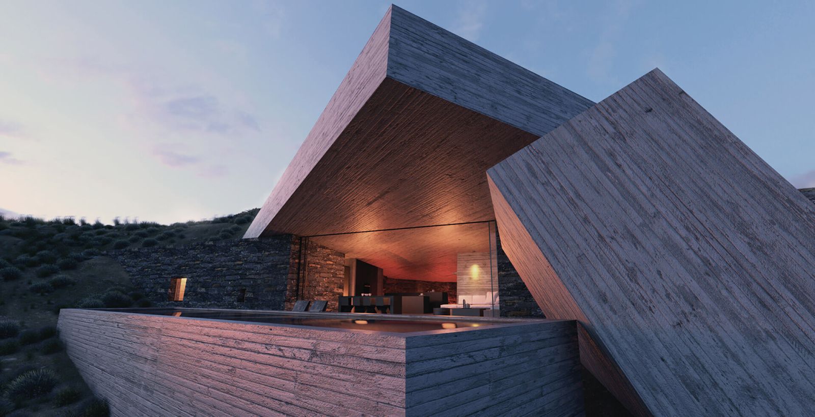 Rendering of Modern Caves at twilight: concrete overhang and a tilted slab framing a glowing living space beside the pool