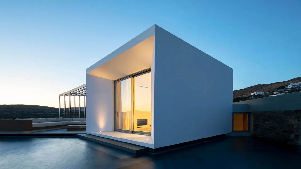 Pnoes Tinos: white cubic villa with a deep overhang and glowing glazing above a dark pool at dusk, pergola and lounge to the left