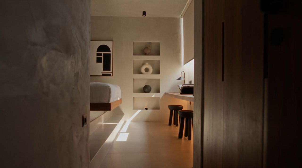 Pnoes, Tinos: a guest room glimpsed past a textured wall, with built-in niches and a low bed in soft light