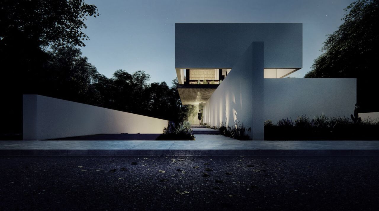 Rendering of Residence in Kifissia from the street at dusk: a path between white walls leading under the raised upper volume