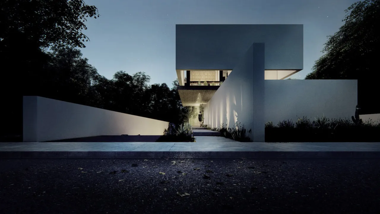 Rendering of Residence in Kifissia from the street at dusk: a path between white walls leading under the raised upper volume