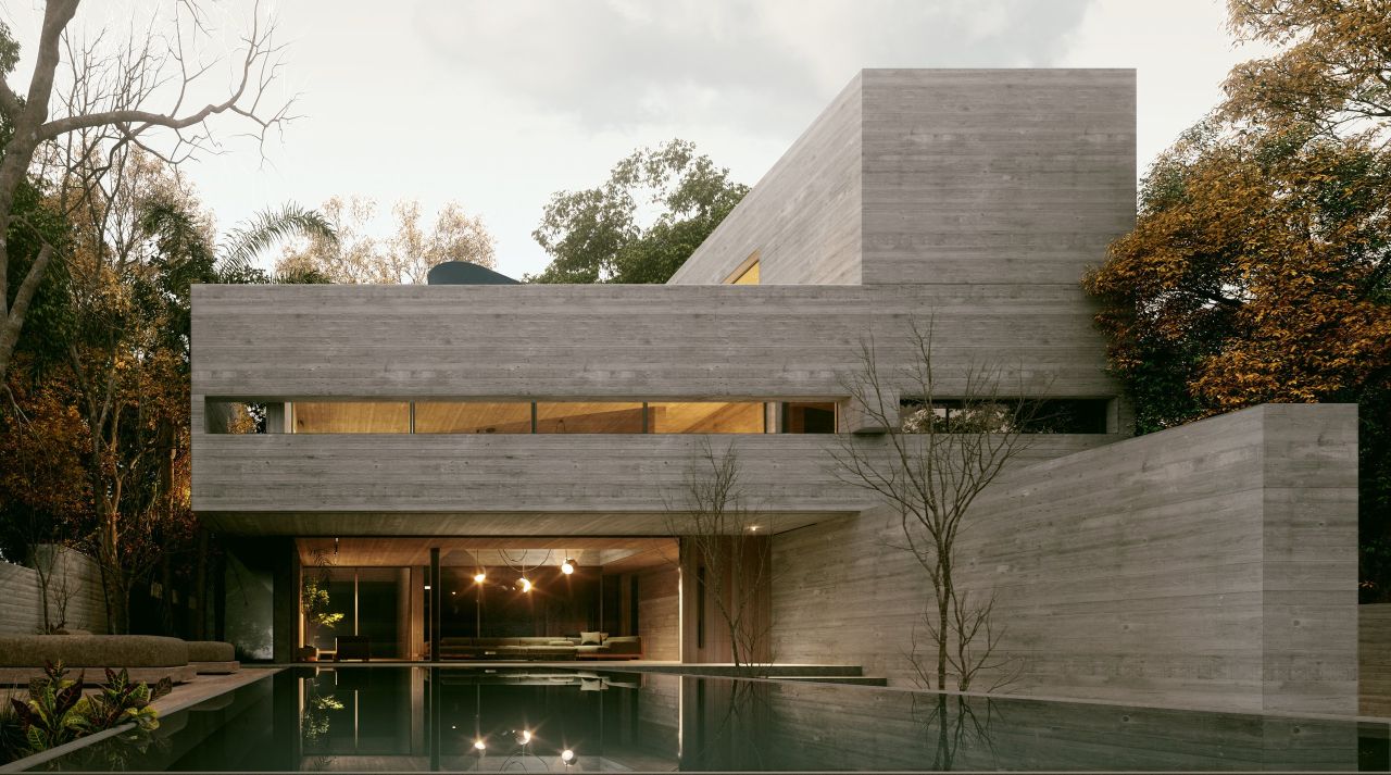 Rendering of Residence L in Kifissia: board-marked concrete house reflected in a dark pool among autumn trees