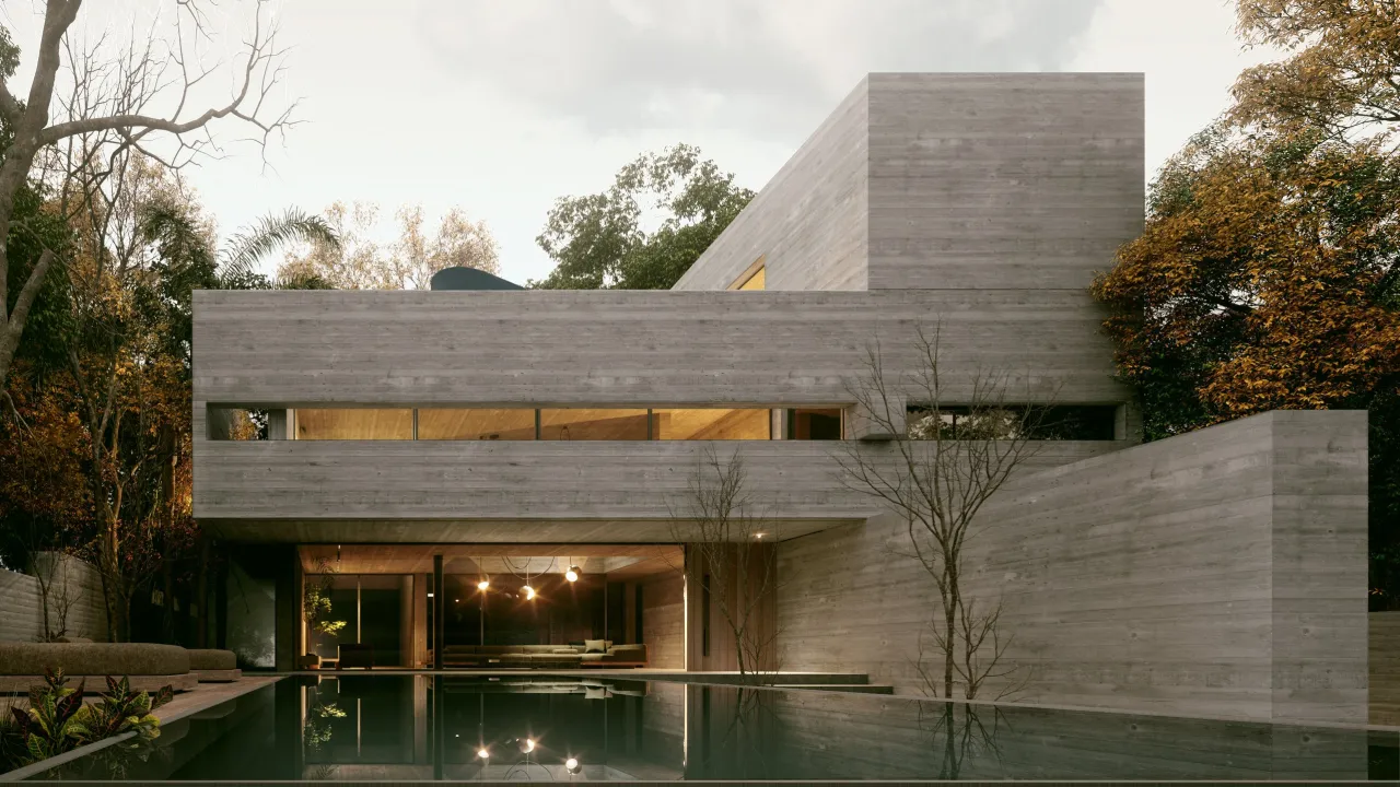 Rendering of Residence L in Kifissia: board-marked concrete house reflected in a dark pool among autumn trees