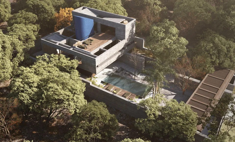 Aerial rendering of Residence L in Kifissia: concrete house with blue curved tower, roof terrace and pool in woodland