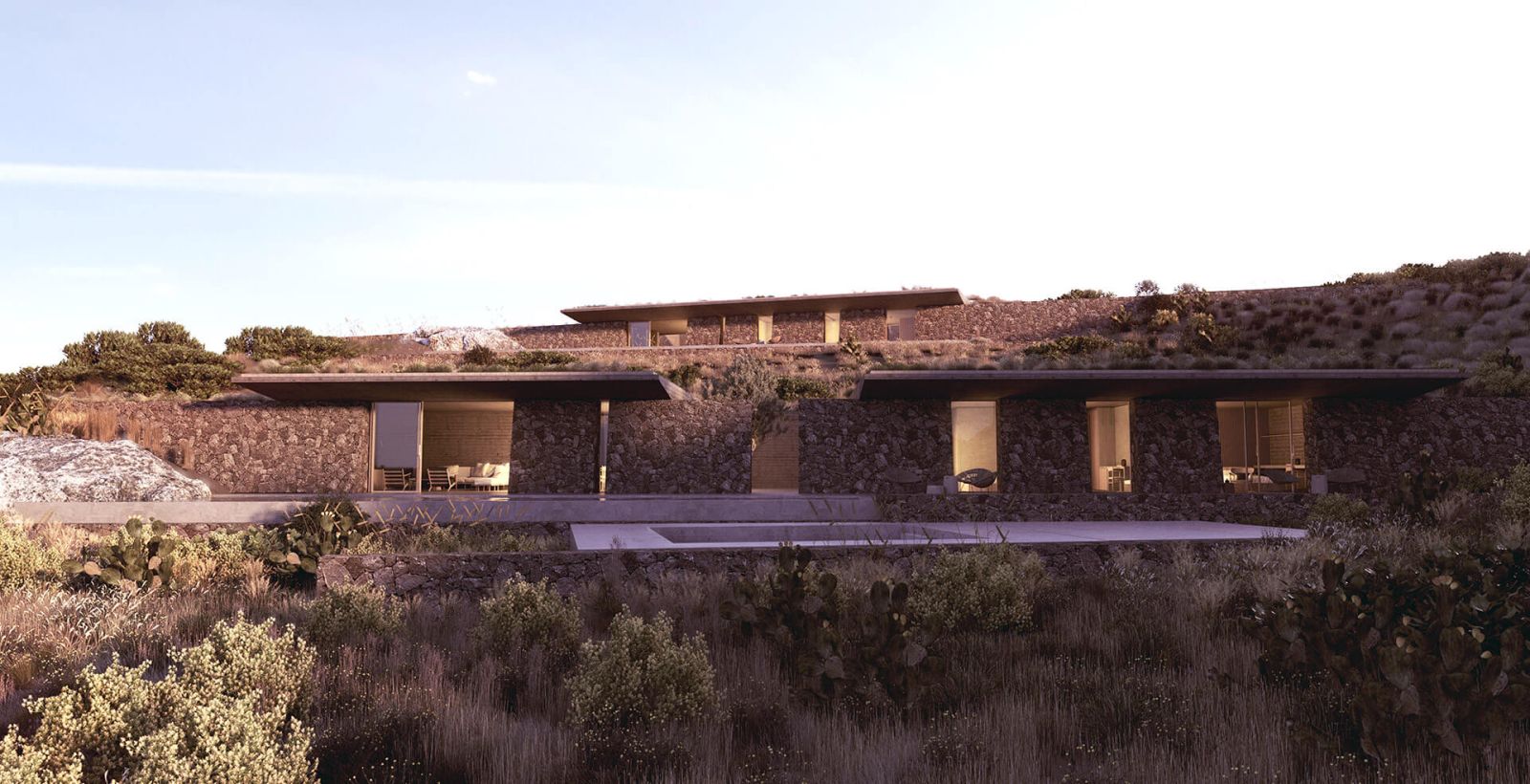 Rendering of Milos residence: low dark stone house with thin roofs stepping up a hillside among shrubs and prickly pear
