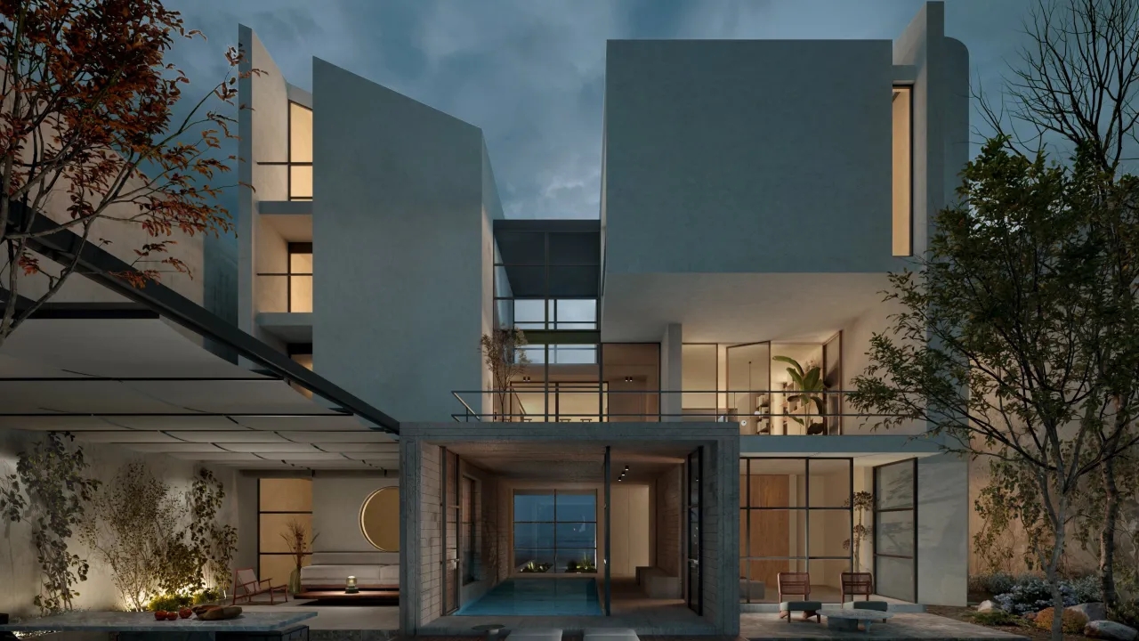 Rendering of Residence in Nafplio at dusk: courtyard facade with lit terraces, an indoor pool and stacked pale volumes