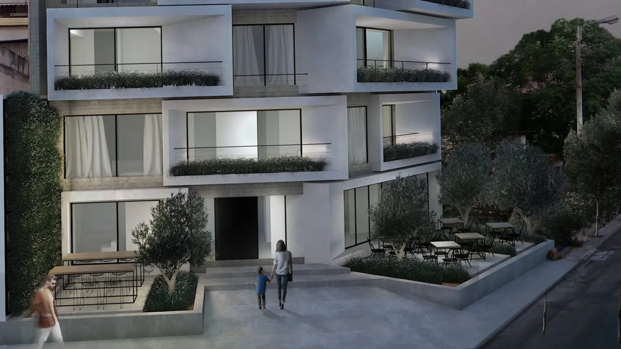 Sef Apartments, Athens: an apartment building with stepped balconies, lit at dusk