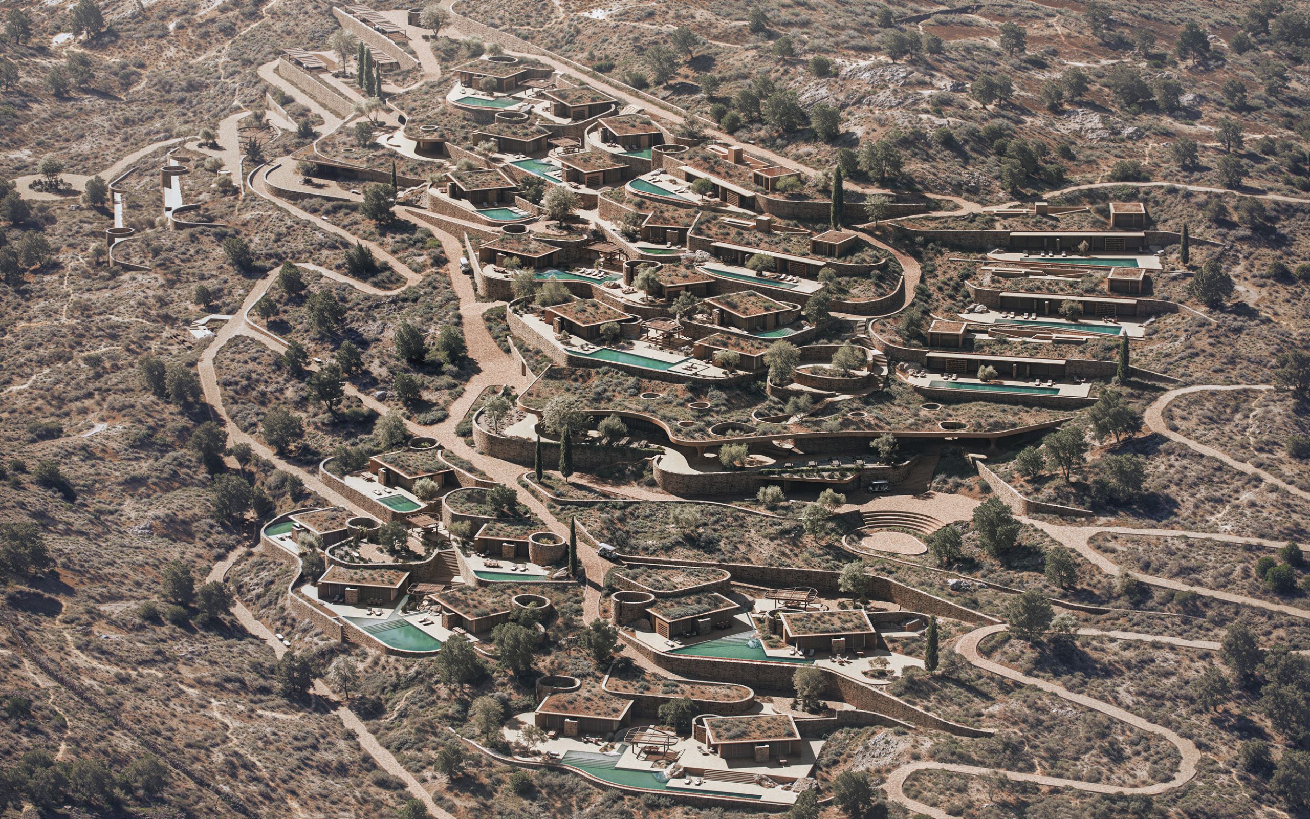 Aerial rendering of Shared Ground, houses with private pools strung along winding paths that follow the hillside contours