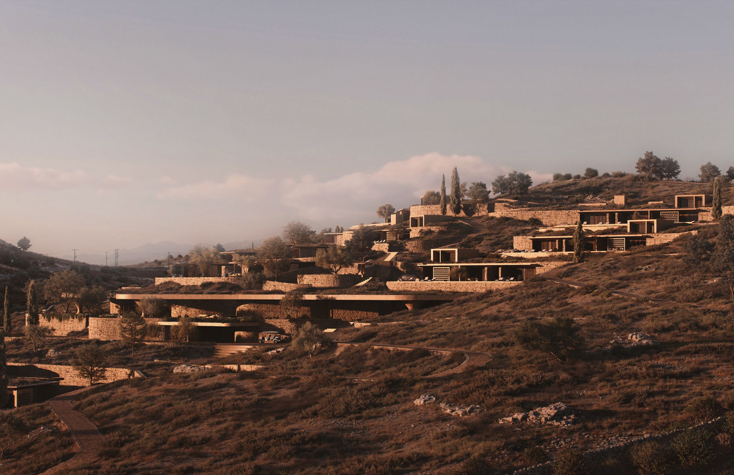 Rendering of Shared Ground at sunset, low stone residences stepping up the hillside above dry slopes