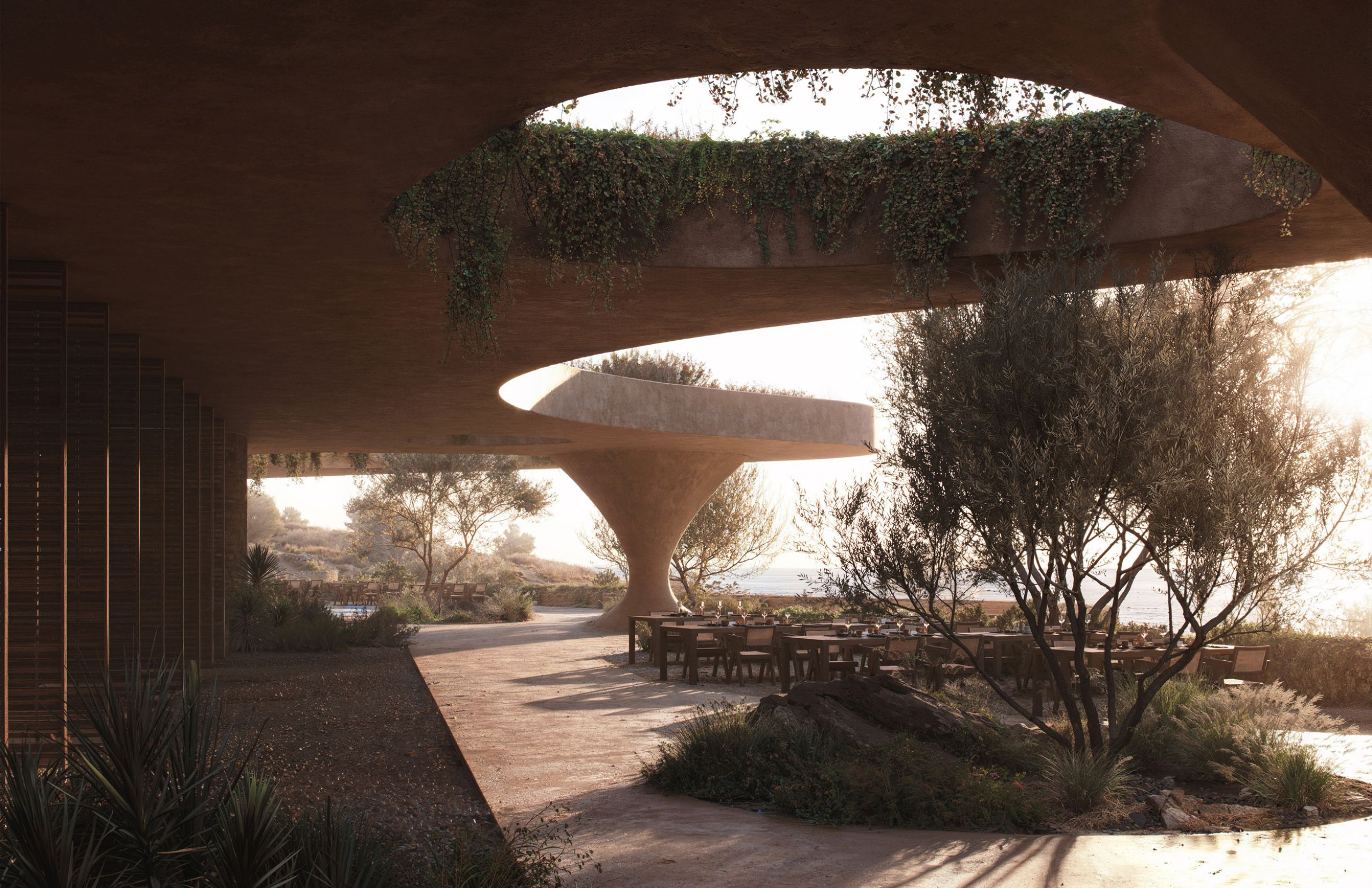 Rendering of Shared Ground's shaded terrace under a curved concrete canopy with a round opening, olive trees and a sea view