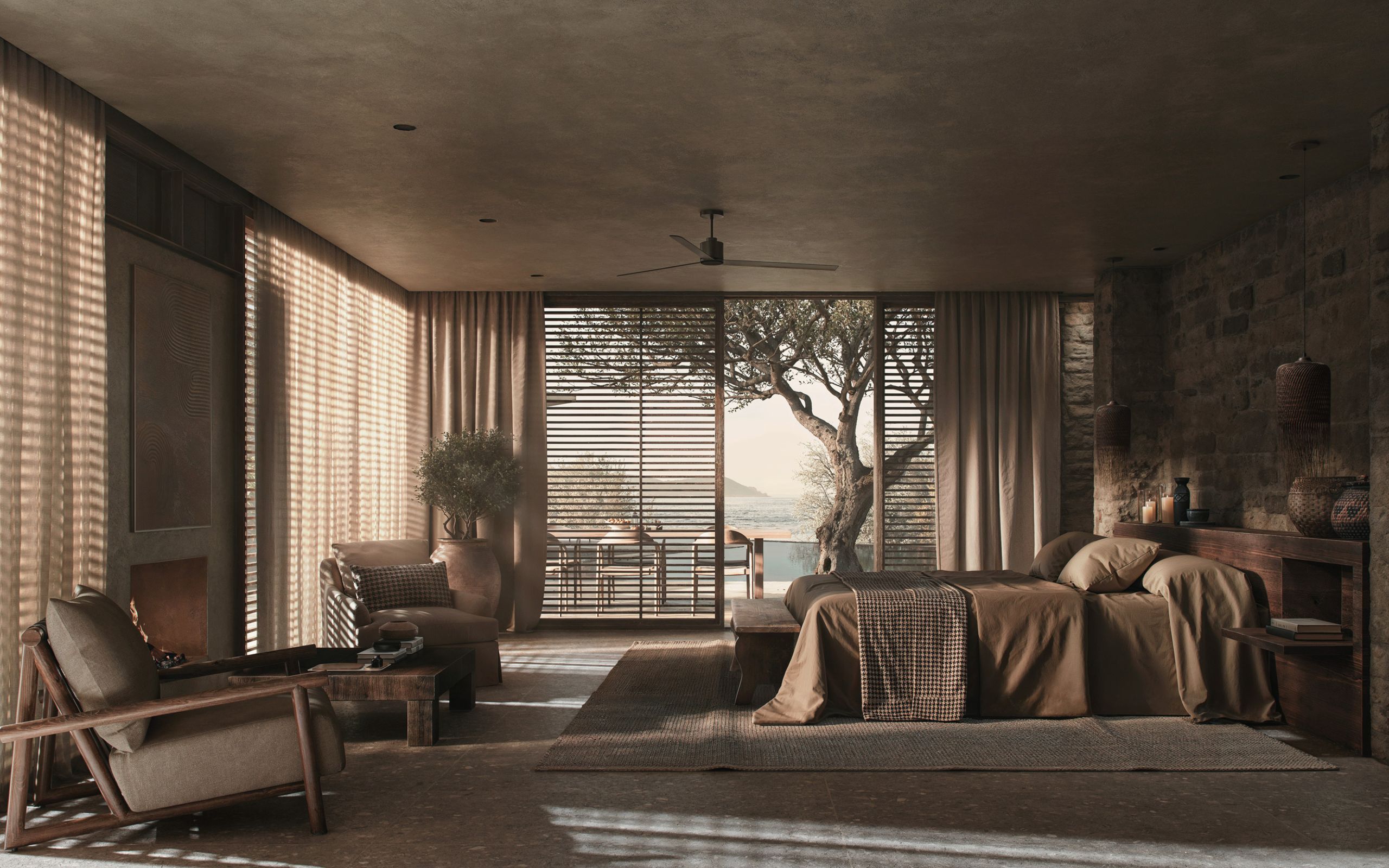 Rendering of a Shared Ground bedroom with stone walls, timber furniture and full-height glazing opening to an olive tree and the sea