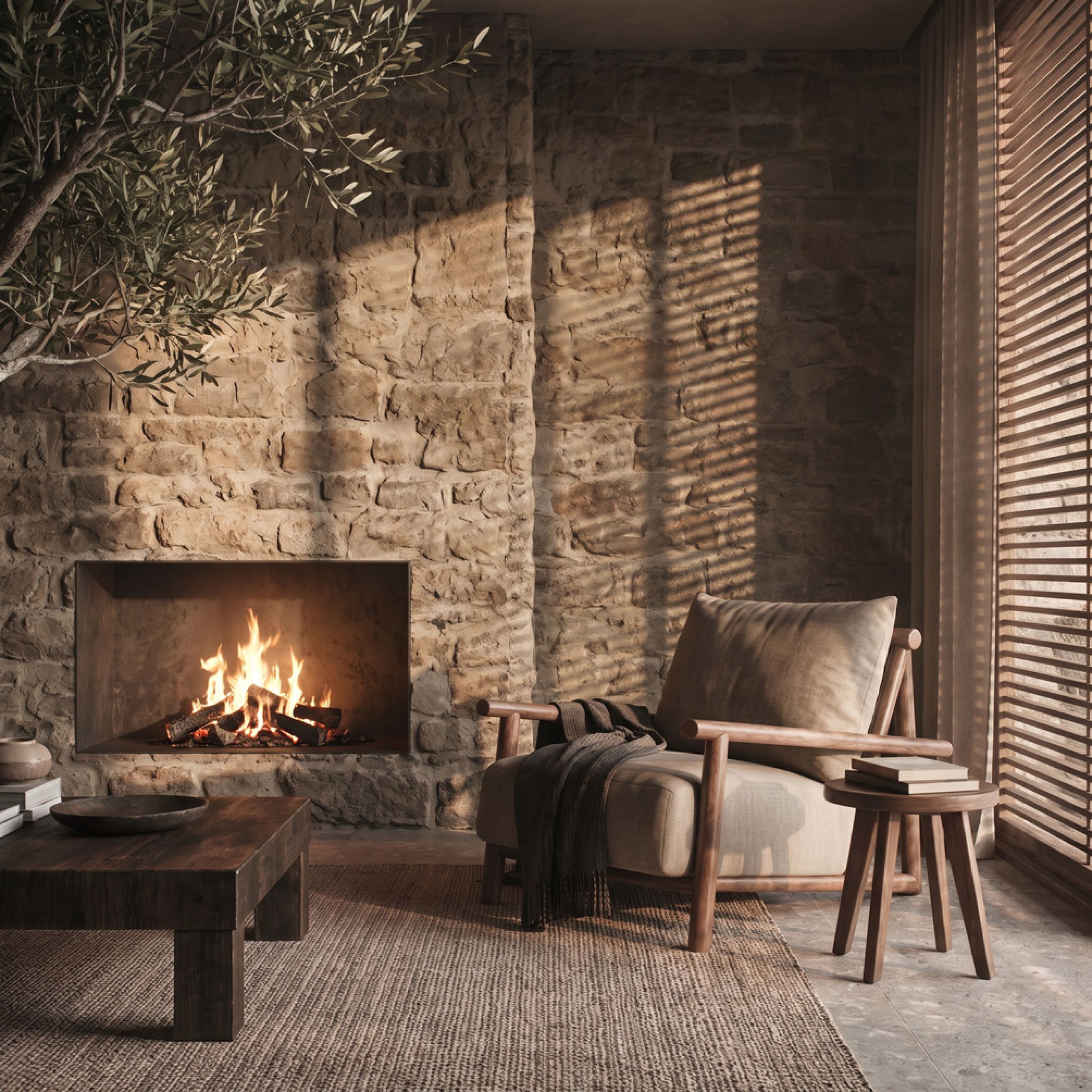 Rendering of a Shared Ground living room with a fireplace in a stone wall, an armchair and louvred shutters casting striped light
