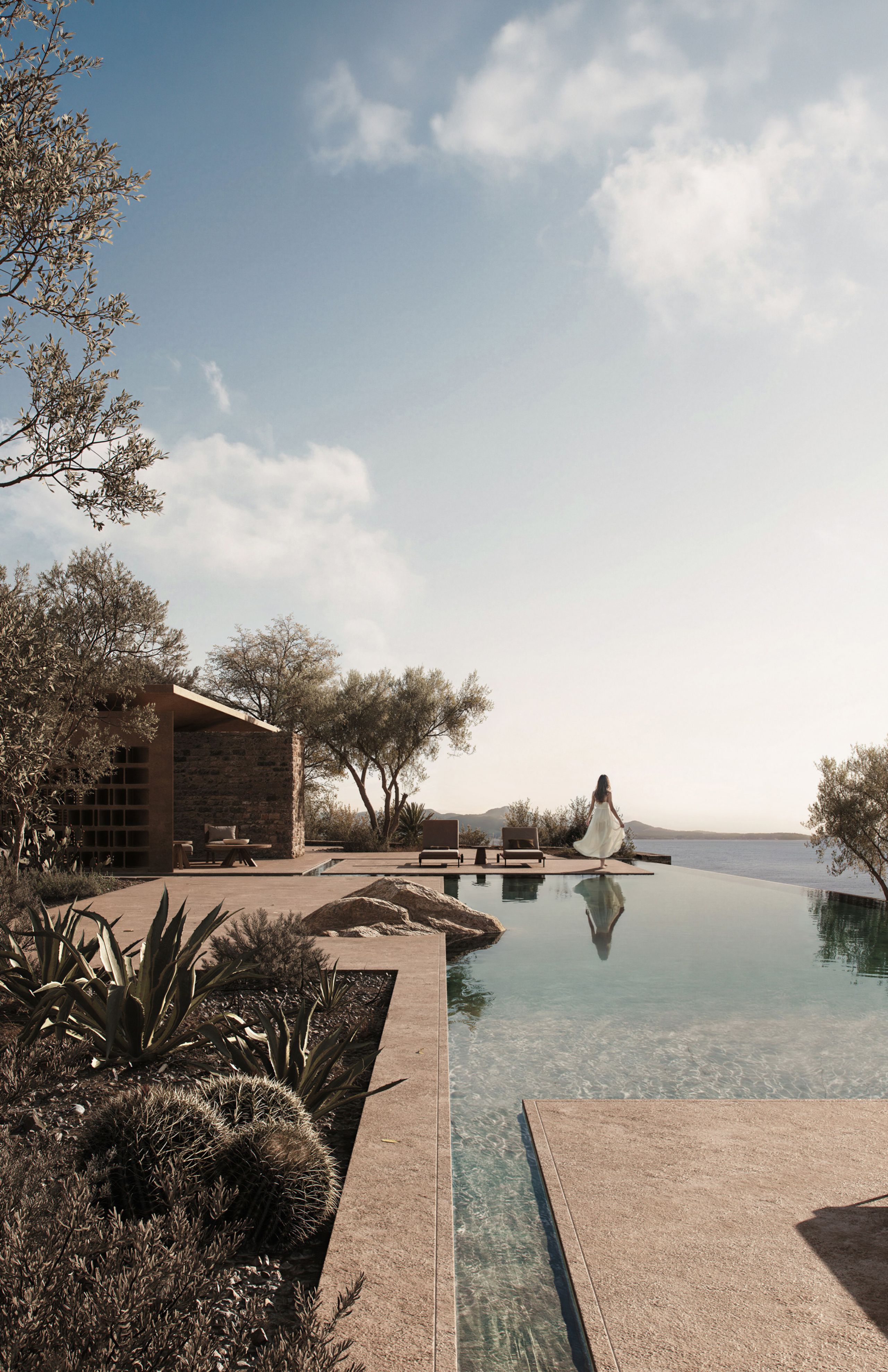 Rendering of an infinity pool at Shared Ground, edged by planting and a stone pavilion, with the sea beyond