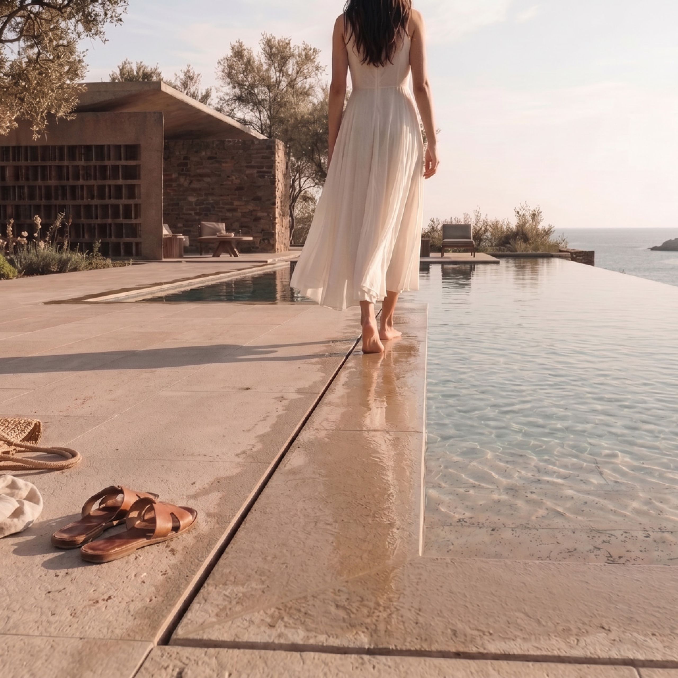 Rendering of a woman in a white dress walking barefoot along the edge of an infinity pool at Shared Ground, the sea beyond