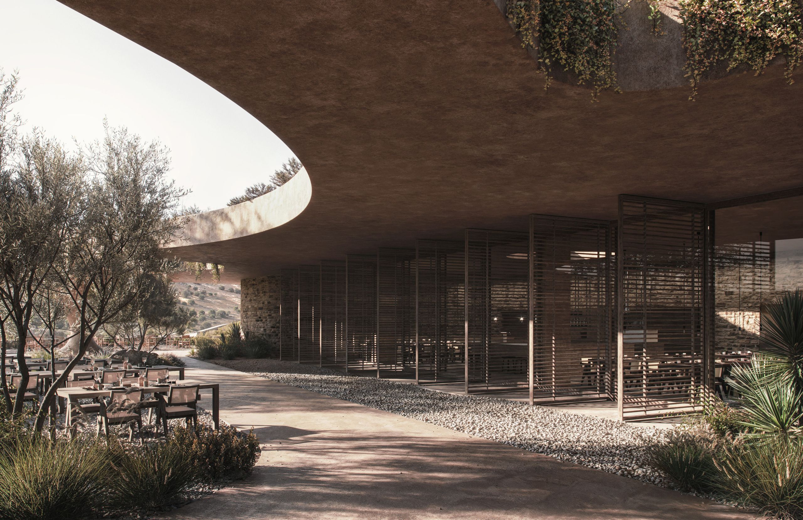 Rendering of Shared Ground's glazed restaurant beneath a curved concrete canopy, with outdoor tables among olive trees