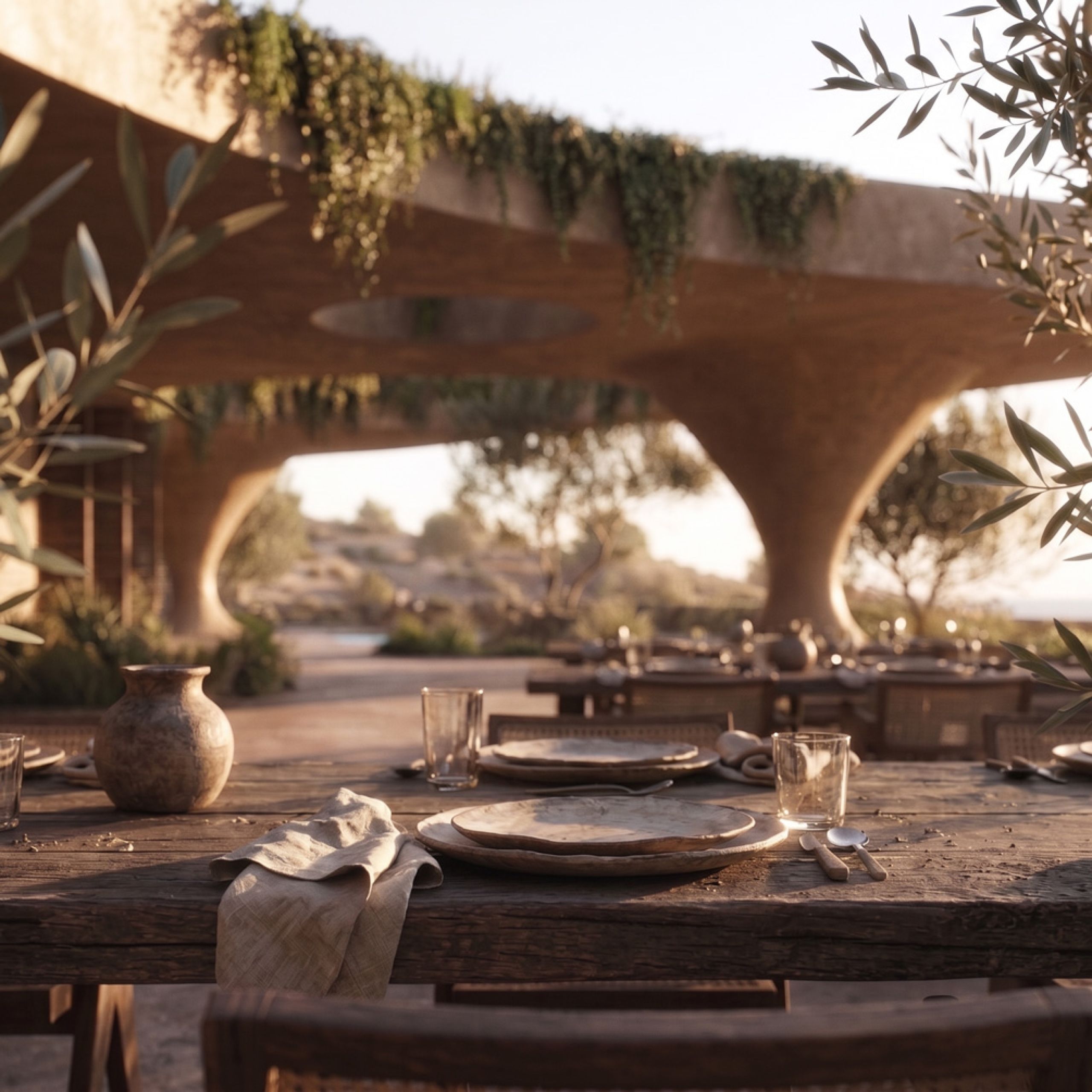 Rendering of a table laid for a meal under the planted concrete canopy at Shared Ground, olive branches in the foreground