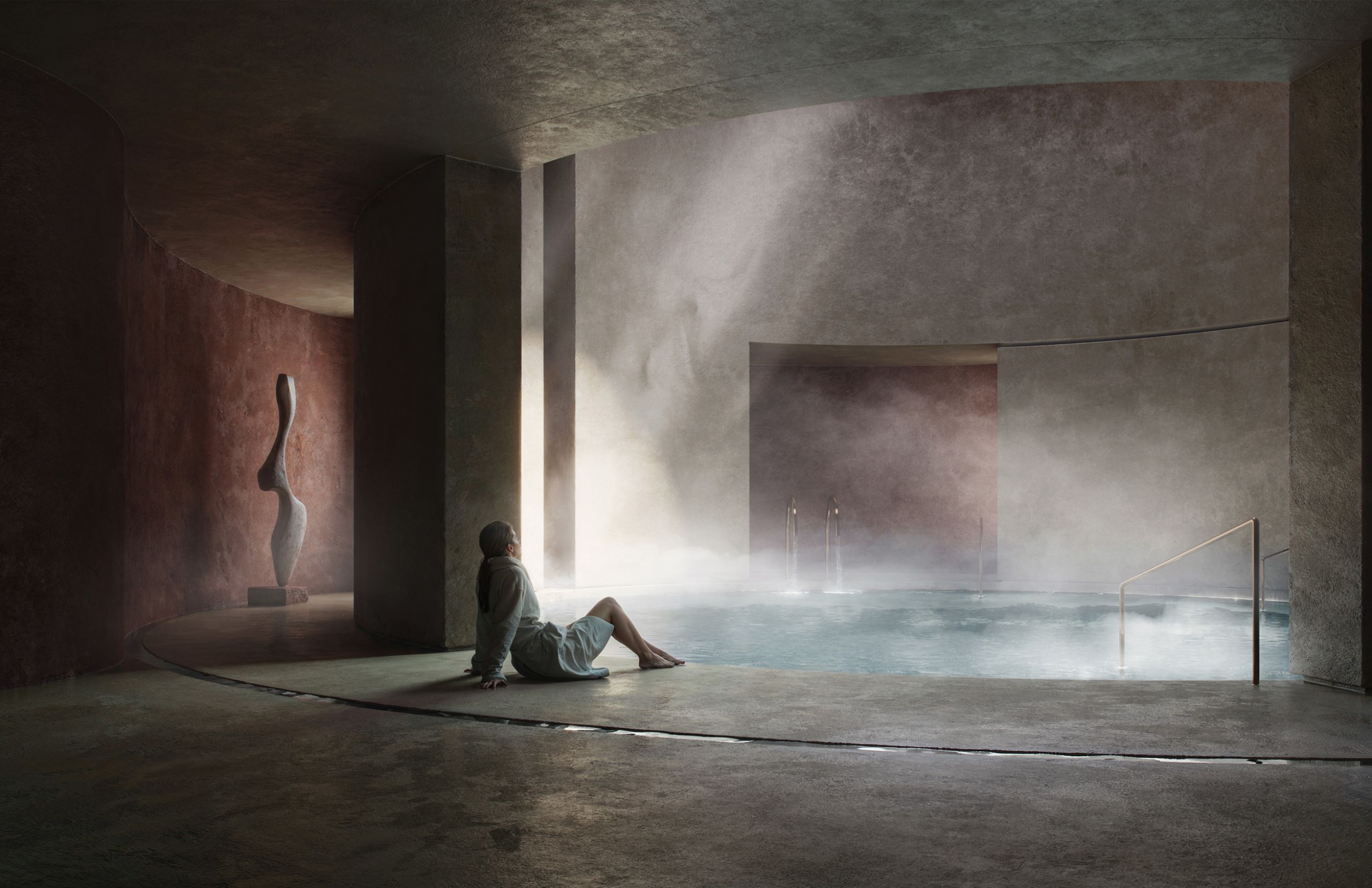 Rendering of Shared Ground's spa, a guest resting beside a steaming indoor pool in a shaft of daylight