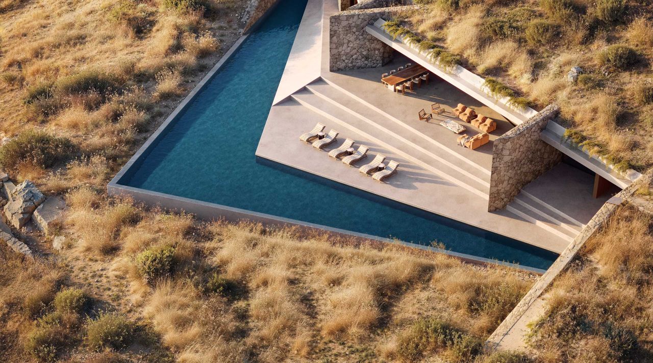 Rendering of Sub Terra from above: triangular pool, stepped terrace with loungers and a living area under a green roof