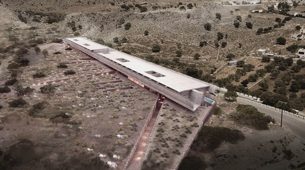Rendering of Tectonic Lodging from above, a long concrete block with roof openings cutting across a rocky Rhodes slope
