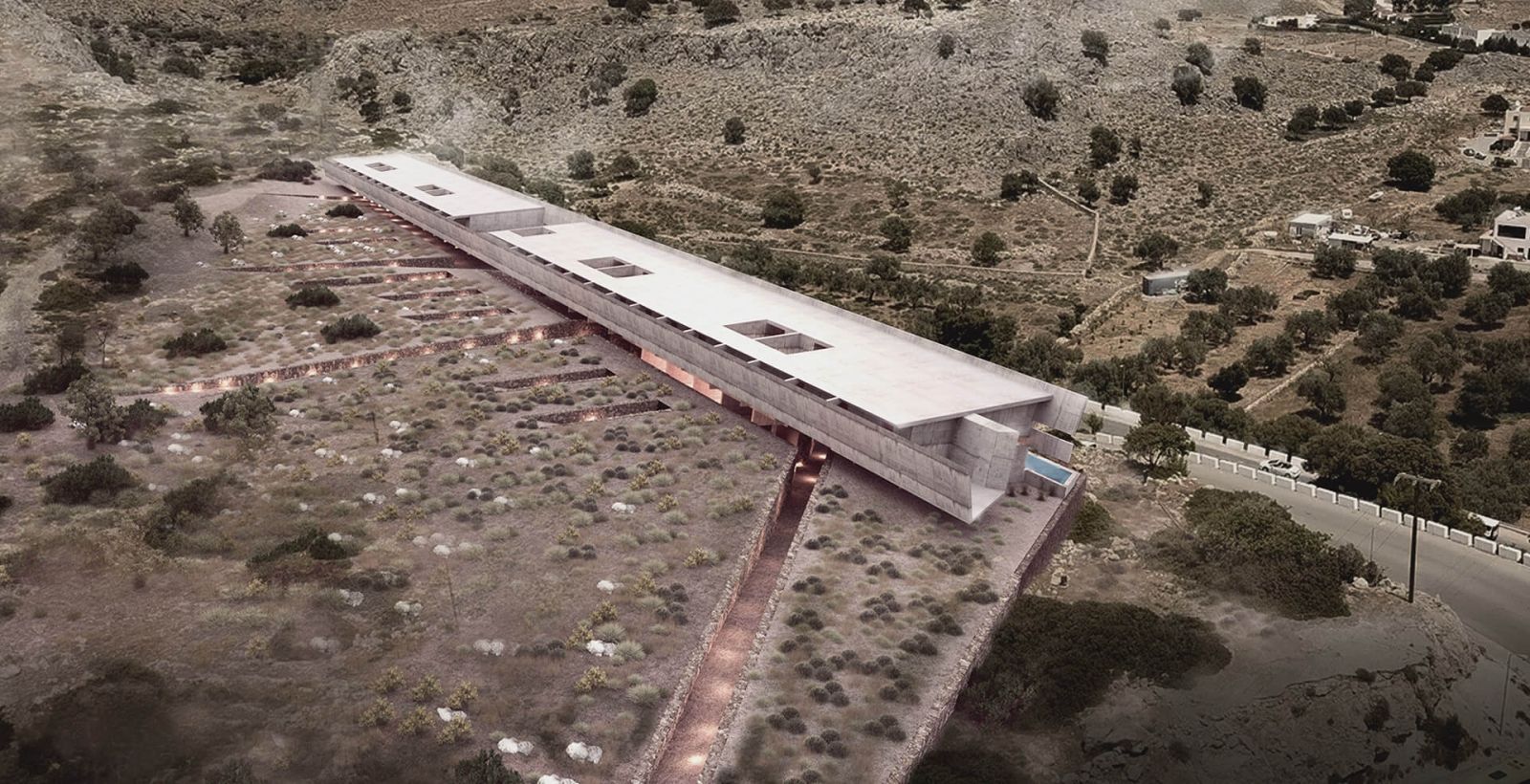 Rendering of Tectonic Lodging from above, a long concrete block with roof openings cutting across a rocky Rhodes slope
