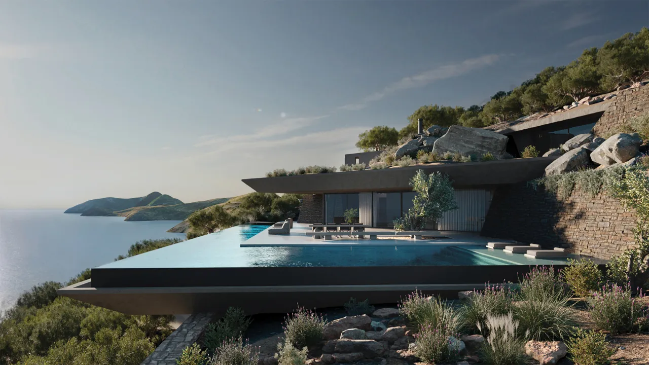 Rendering of Villa V, Corfu: cantilevered pool and low stone-clad house on a rocky slope above the sea